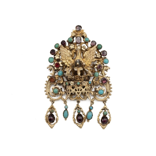 191 - An Austro-Hungarian silver gilt turquoise and amethyst brooch of architectural form cast with a stor... 