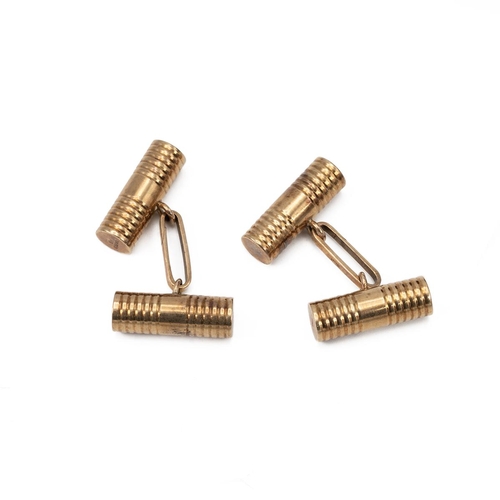 197 - 9ct gold hallmarked cufflinks in the form of ribbed circular bars, weight 9.1 grams.