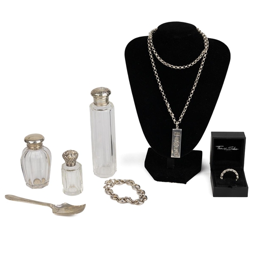 202 - Collection of silver and white metal jewellery, including a hallmarked pendant, sugar scoop, three s... 