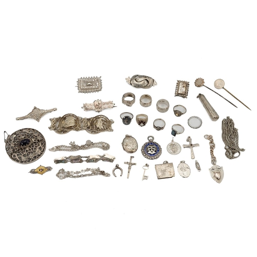 212 - Large collection of silver, white metal and silver-plated jewellery, including a stamp case, cheroot... 