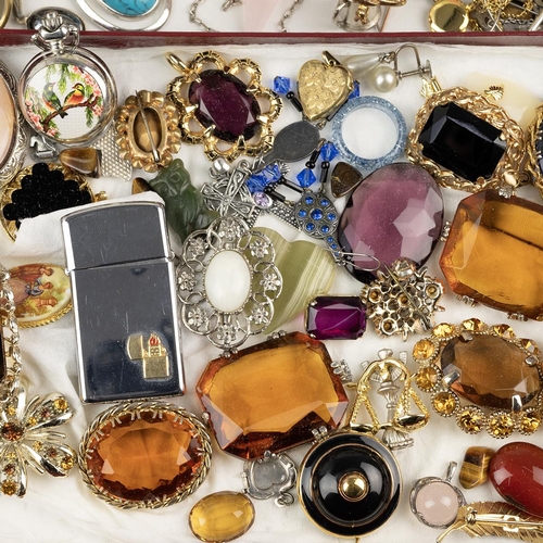 214 - Extensive collection of costume jewellery, including gem-set brooches, rings, pendants, silver charm... 