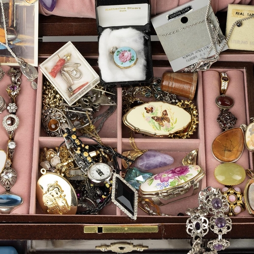 214 - Extensive collection of costume jewellery, including gem-set brooches, rings, pendants, silver charm... 