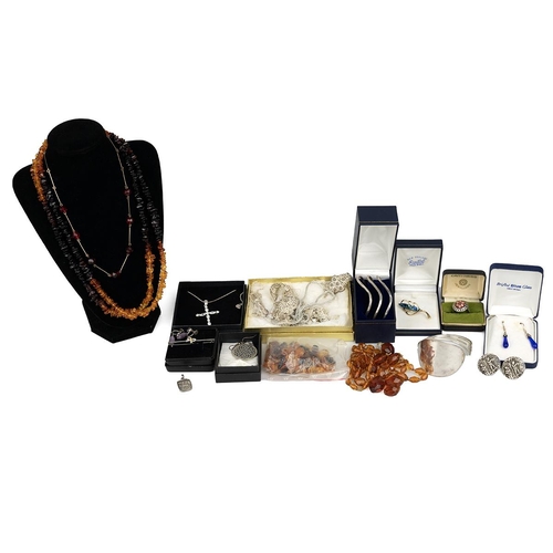 217 - Collection of costume jewellery, including various bangles, earrings, amber style necklace, silver C... 