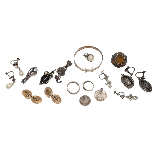 222 - Collection of costume jewellery including bangles, amber style necklace, cufflinks and other items.