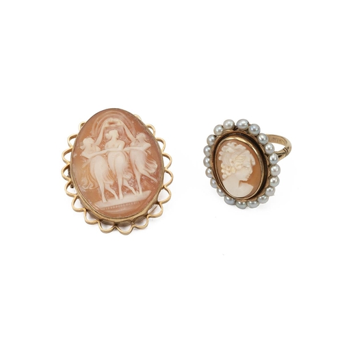 232 - Cameo set ring, along with a cameo set brooch each with a portrait of a lady, and a gem set ring, al... 