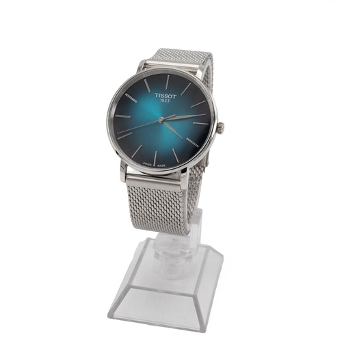 242 - Gents Tissot Everytime Watch & box, stainless steel, 40mm case with turquoise dial and baton han... 