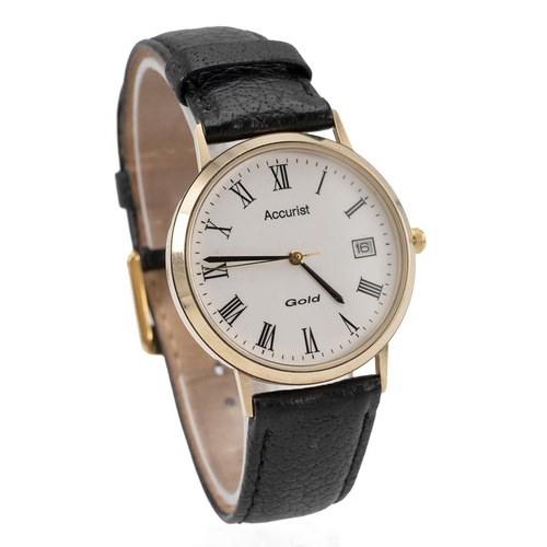 243 - 9ct gold Accurist wristwatch, 32mm case, white dial with Roman Numeral hour markers, leather strap, ... 