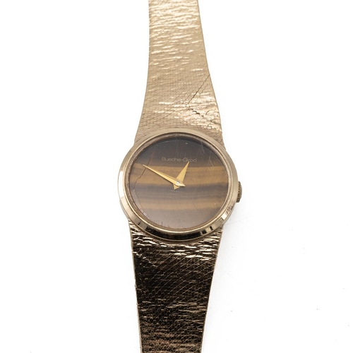 245 - Bueche Girod ladies vintage 9ct gold wristwatch. 15mm case, tigers eye dial with gold dauphine hands... 