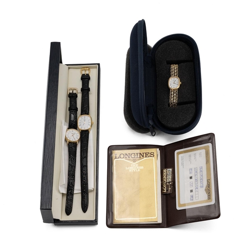 251 - Lady's 9ct gold Longines watch and strap, 22.53, cased, along with two ladies Longines Quartz watche... 