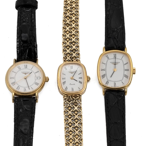 251 - Lady's 9ct gold Longines watch and strap, 22.53, cased, along with two ladies Longines Quartz watche... 