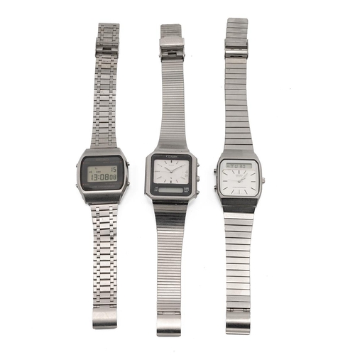 256 - Two digital Seiko stainless steel watches, along with a Citizen stainless steel digital watch. (3)