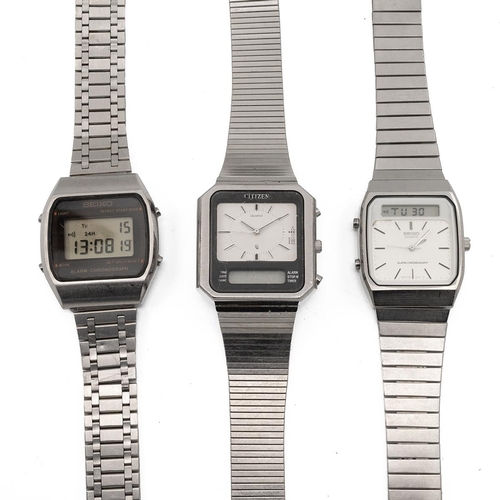 256 - Two digital Seiko stainless steel watches, along with a Citizen stainless steel digital watch. (3)