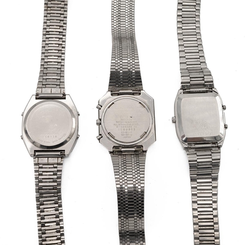 256 - Two digital Seiko stainless steel watches, along with a Citizen stainless steel digital watch. (3)