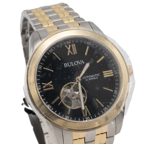 271 - As new Bulova Automatic 98A168 21 jewel wristwatch. Open heart dial with black sunburst face, gold t... 