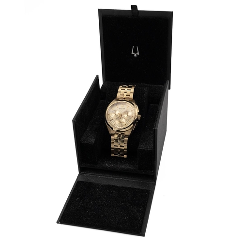 272 - Boxed as new Bulova 97A125 mens curv quartz chronograph watch. Yellow Gold plate case and strap with... 