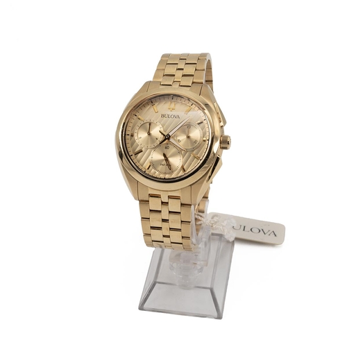 272 - Boxed as new Bulova 97A125 mens curv quartz chronograph watch. Yellow Gold plate case and strap with... 