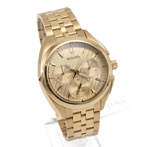 272 - Boxed as new Bulova 97A125 mens curv quartz chronograph watch. Yellow Gold plate case and strap with... 