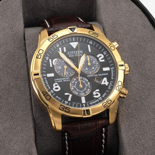 273 - Gents Citizen Eco-Drive Chronograph wristwatch, alarm WR100, perpetual calendar, 43mm gold plated ca... 