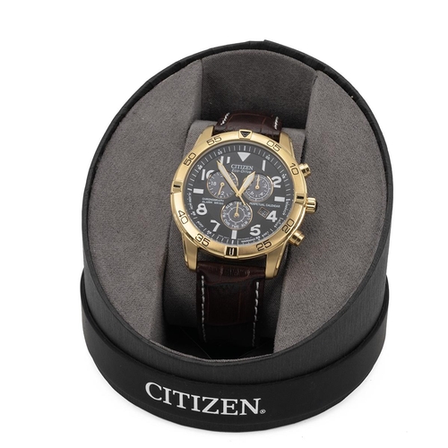 273 - Gents Citizen Eco-Drive Chronograph wristwatch, alarm WR100, perpetual calendar, 43mm gold plated ca... 