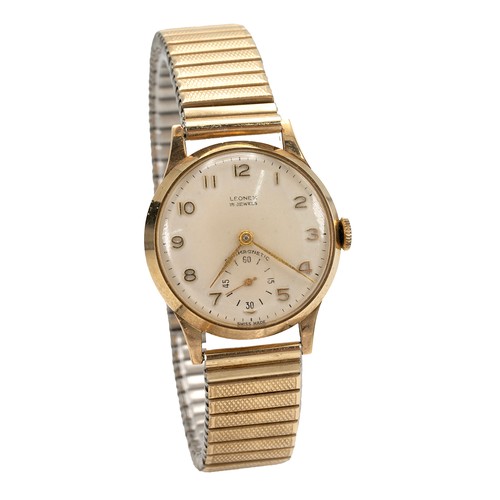 275 - 4 x 9ct vintage gold watches. Leonex 15 Jewel, anti-magnetic, 30mm case, white dial with gold tone a... 