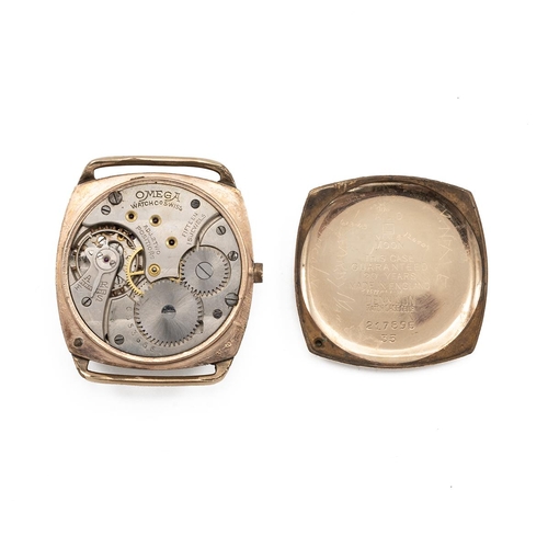 297 - 9ct gold Omega watch of square form the circular white dial with Roman numerals and subsidiary secon... 