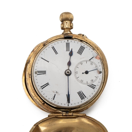 299 - Ladies 18ct gold pocket watch, with a white enamel dial, 31.30 grams, along with an unmarked fob cha... 