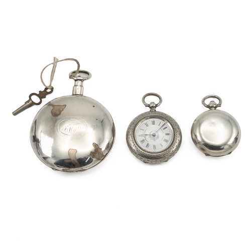 300 - Two silver pocket watches and a compass. Sterling Silver Georgian pocket watch, marked for George Ja... 