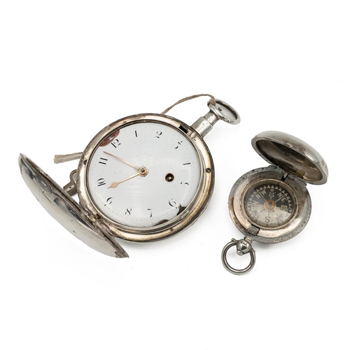 300 - Two silver pocket watches and a compass. Sterling Silver Georgian pocket watch, marked for George Ja... 