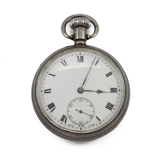 302 - Silver keyless pocket watch, unnamed. White ceramic dial with Roman numeral hour markers and spade h... 