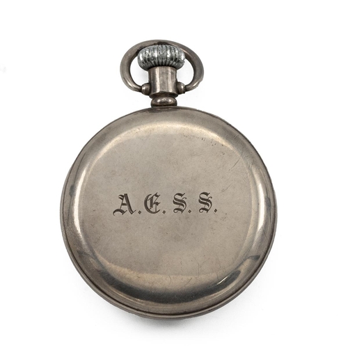 302 - Silver keyless pocket watch, unnamed. White ceramic dial with Roman numeral hour markers and spade h... 