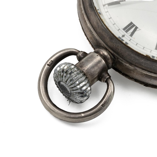 302 - Silver keyless pocket watch, unnamed. White ceramic dial with Roman numeral hour markers and spade h... 