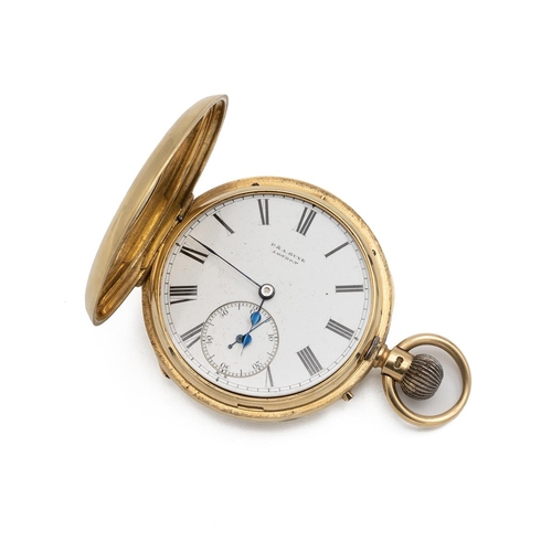 303 - 18ct gold Half Hunter pocket watch, c1896. Maker P&A Guye, London, keyless wind, 48mm case, whit... 