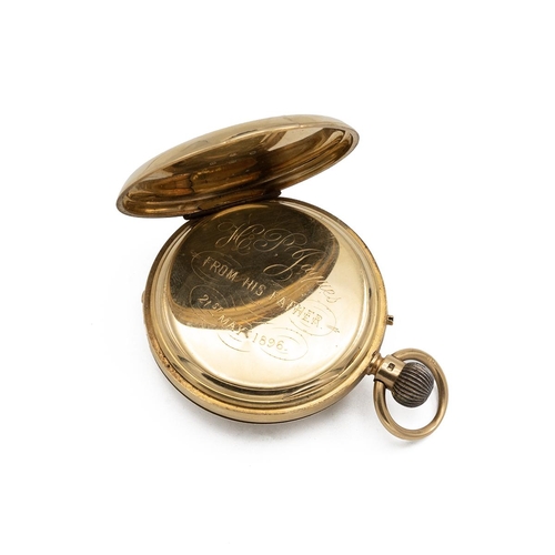 303 - 18ct gold Half Hunter pocket watch, c1896. Maker P&A Guye, London, keyless wind, 48mm case, whit... 