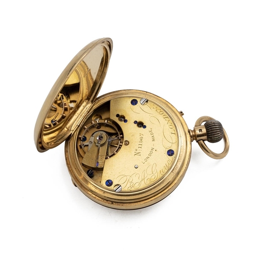 303 - 18ct gold Half Hunter pocket watch, c1896. Maker P&A Guye, London, keyless wind, 48mm case, whit... 