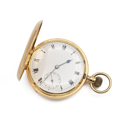 304 - Gold Hunter 18ct gold pocket watch. Keyless wind, 50mm case, no maker mark, 15 jewel, white dial wit... 