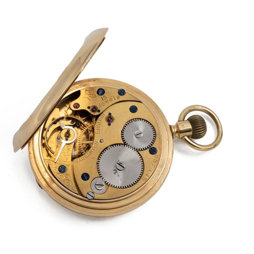 304 - Gold Hunter 18ct gold pocket watch. Keyless wind, 50mm case, no maker mark, 15 jewel, white dial wit... 