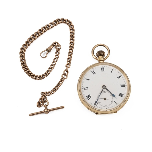 311 - 18ct gold pocket watch and 9ct rose gold Albert fob chain. Keyless winding, 48mm case with white dia... 