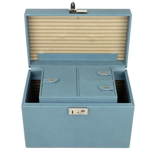 324 - Asprey of London: a pale blue leather clad vanity case (36cm x 24cm x 21.5cm) with lockable hinged l... 