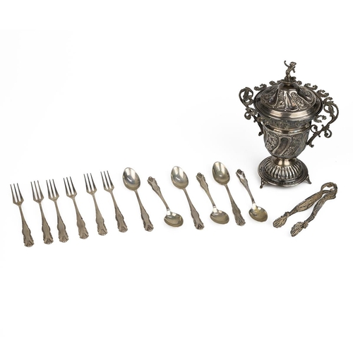 420 - Polish silver caviar set, the lidded cup fitted with hangers for six each spoons and forks, together... 