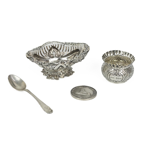 423 - A sterling silver hallmarked bowl and pierced basket, a sterling silver medallion related to the 58t... 