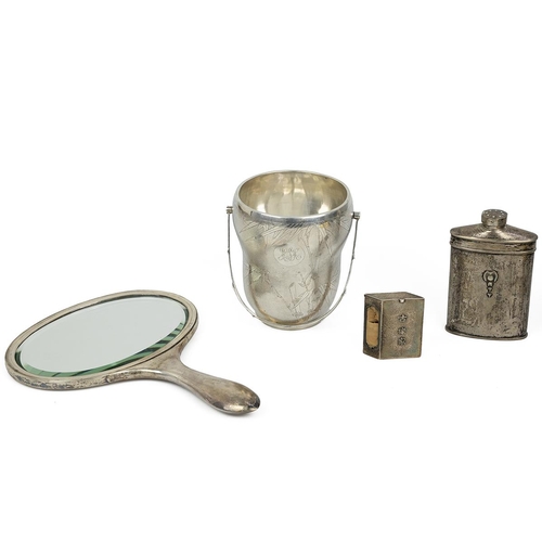 425 - Chinese silver to include a talcum powder flask (XRF tests as 800 silver) 169 grams; ice bucket (XRF... 