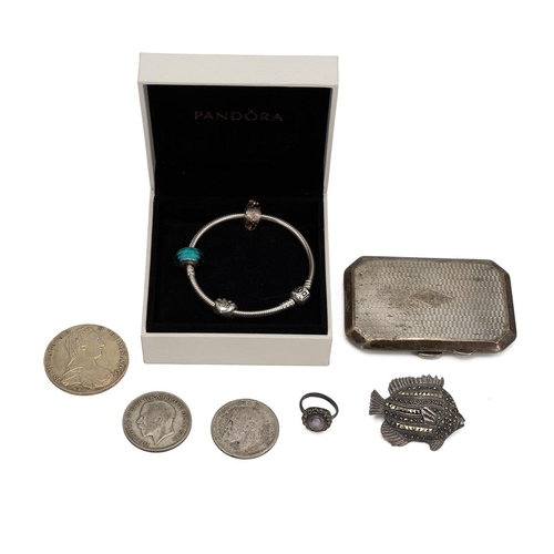 426 - Pandora bracelet, with three charms, boxed, a silver cigarette case, silver ring, silver fish brooch... 