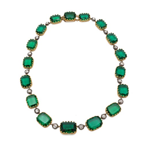 117 - Georgian style emerald green paste Riviere necklace. Yellow metal set in 14ct gold, tested, with 17 ... 