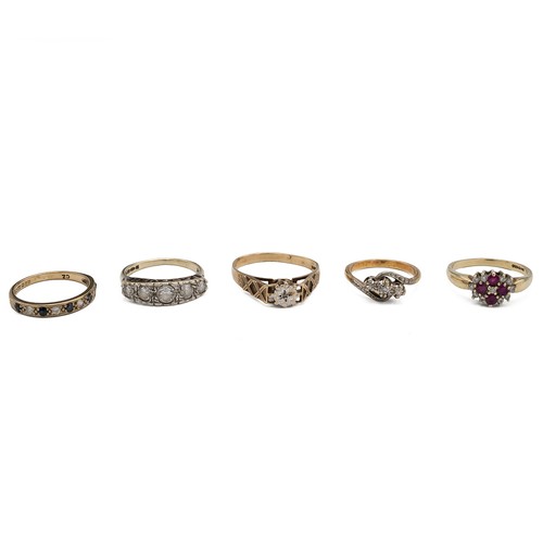 36 - Three 9ct gold gem set rings, 6.82 grams, along with an unmarked diamond twist ring, 3.03 grams, tes... 