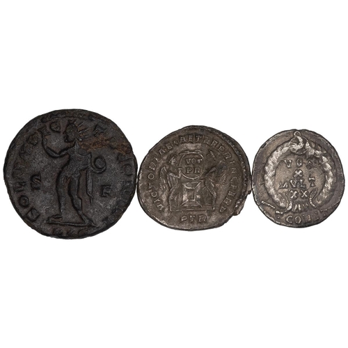 16 - Three (3) Roman coins, including Constantine I bronze Follis, 'SOLI INVICTO COMITI', 'S-C' in fields... 