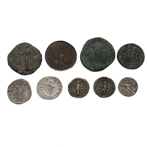 13 - Nine (9) Roman coins, silver and bronze, including Gordian III, Herennia Etruscilla, Caracalla, four... 