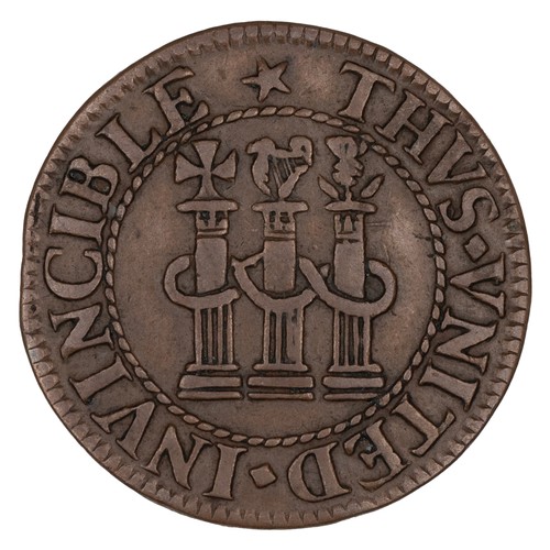 26 - c1658 Oliver Cromwell copper pattern Farthing, no portrait (Peck 388, North 2738). Obverse: three pi... 