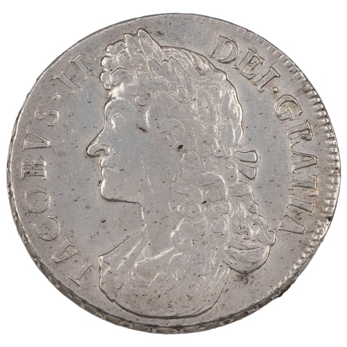 31 - 1688 James II silver Crown, QVARTO (S 3407, ESC 90, Bull 746). Obverse: left-facing second draped la... 