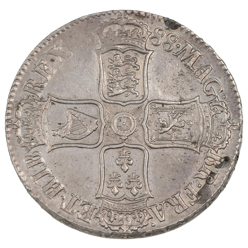 31 - 1688 James II silver Crown, QVARTO (S 3407, ESC 90, Bull 746). Obverse: left-facing second draped la... 