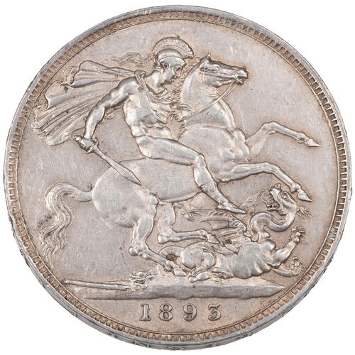 73 - 1893 Victoria silver Crown, LVI, dies 1+A (S 3937, ESC 303, Bull 2593). Obverse: Old veiled bust, le... 